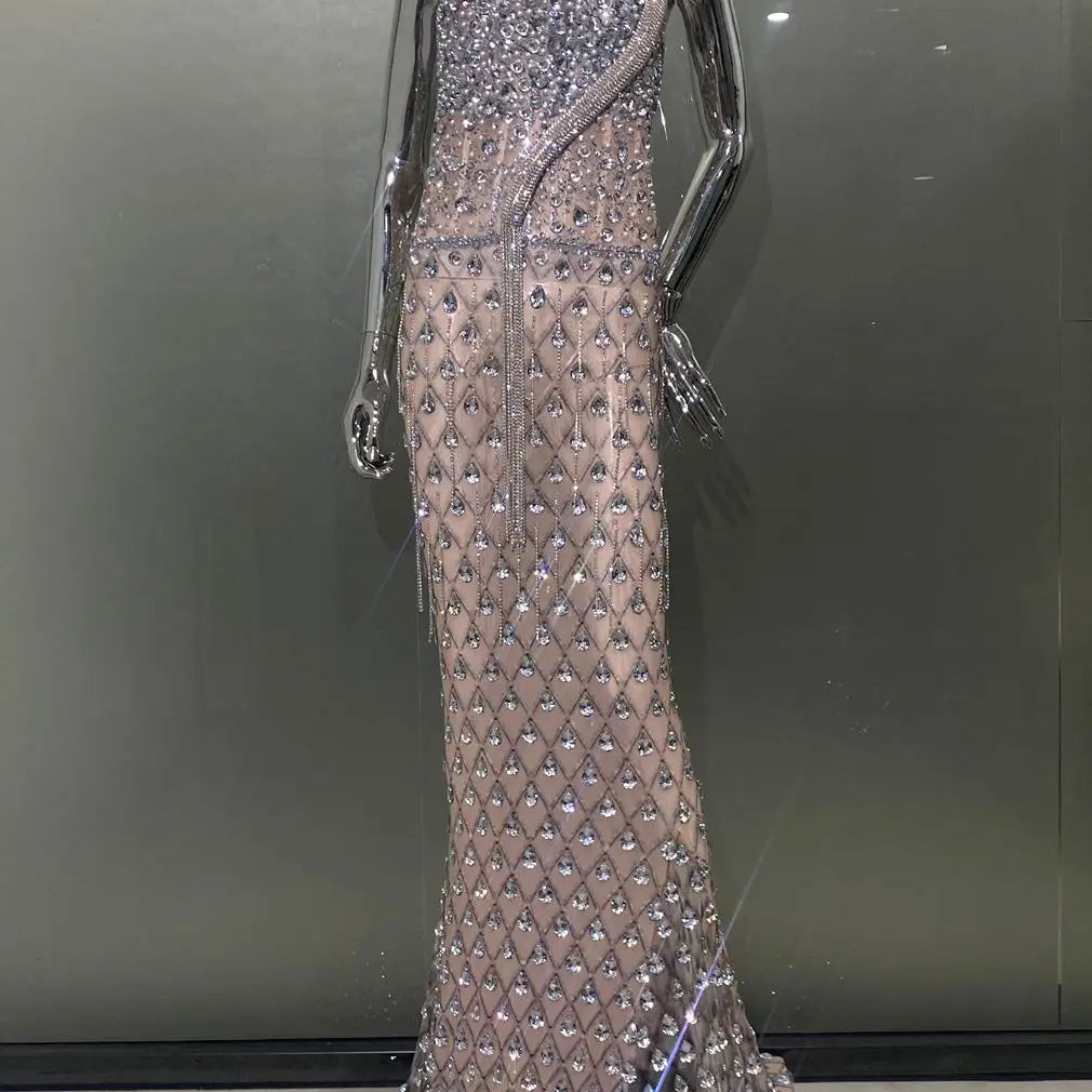 Super Shining Crystal Mesh See Through Floor Lenght Dress Woman Birthday Party Dress Stage Performances Costume