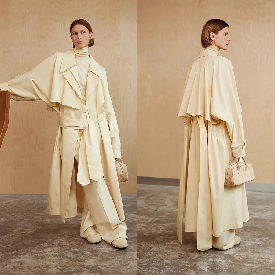 Lautaro Spring Autumn Oversized Khaki Flowy Long Trench Coat for Women Sashes Luxury Loose Casual Korean Fashion Overcoat 2025