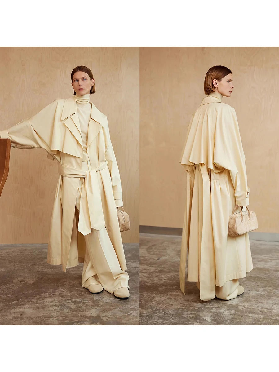 Lautaro Spring Autumn Oversized Khaki Flowy Long Trench Coat for Women Sashes Luxury Loose Casual Korean Fashion Overcoat 2025