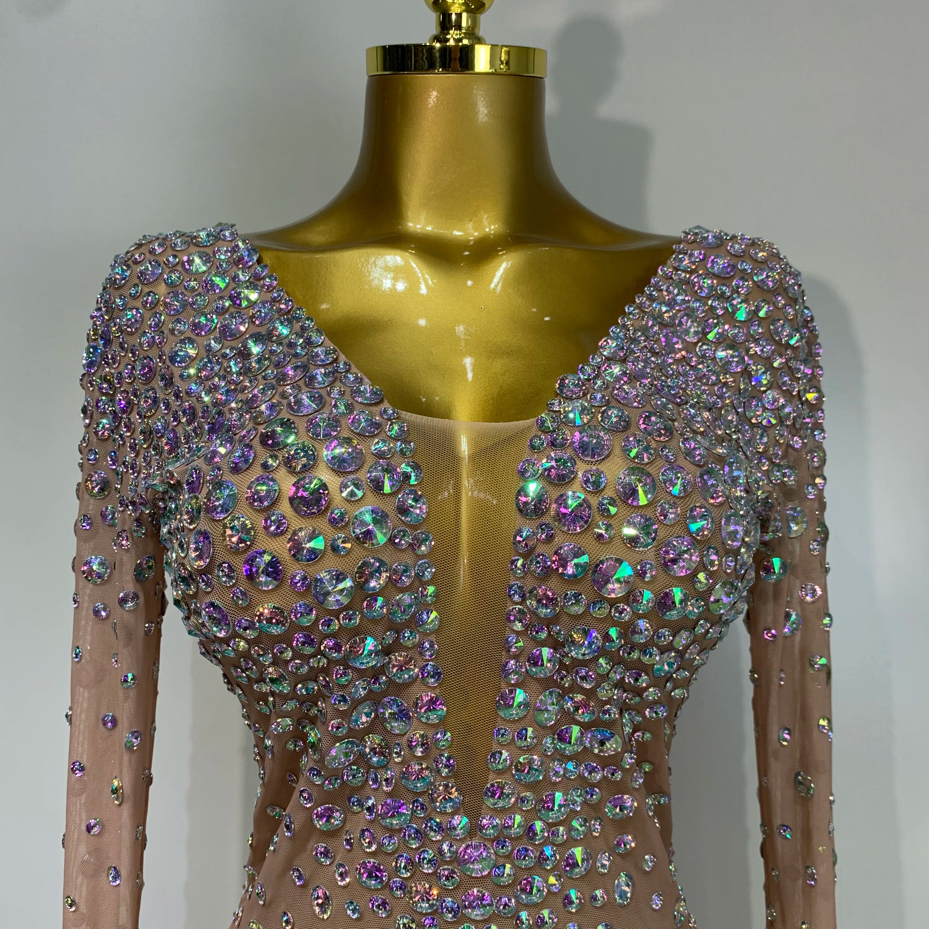 Sparkly Luxury Rhinestones Colourful Mini Dress Women Sexy Mesh See Through Birthday Performance Costume Dancer Stage Wear
