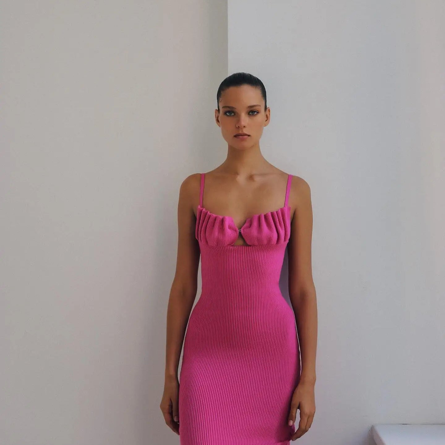 Pink Black Color Women Sleeveless Sexy Strap Square Collar Bodycon Mid-calf Bandage Dress Birthday Party Celebrate Fashion Dress Pink