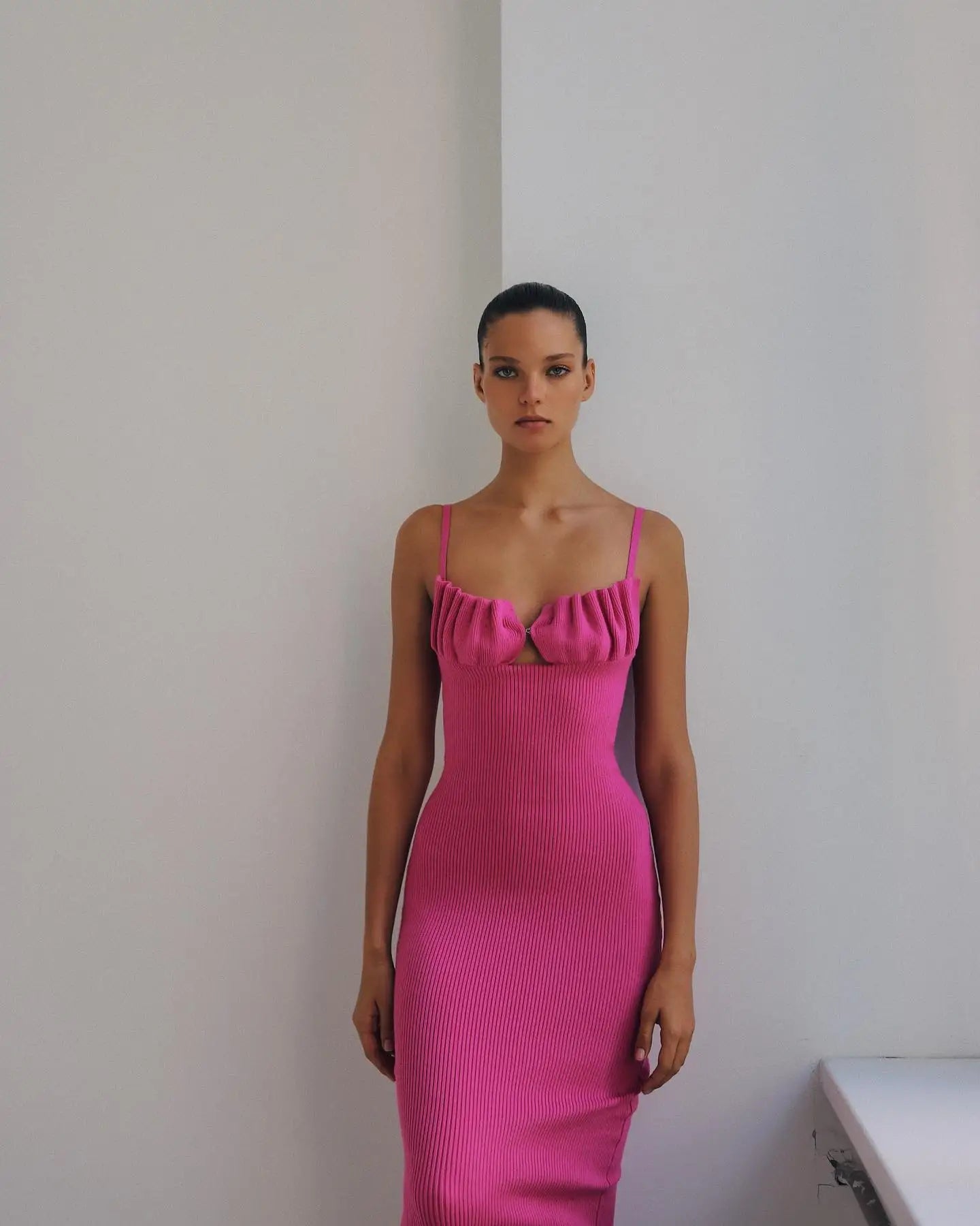 Pink Black Color Women Sleeveless Sexy Strap Square Collar Bodycon Mid-calf Bandage Dress Birthday Party Celebrate Fashion Dress Pink