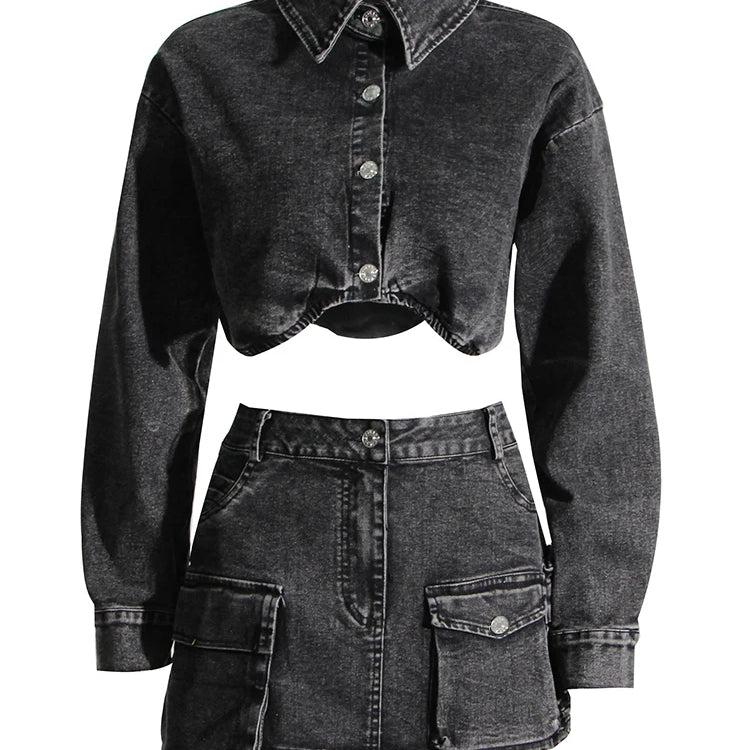 TWOTWINSTYLE – ensemble deux pièces noir pour femmes, haut court à revers, manches longues, taille haute, poches Patchwork, Mini jupe en Denim, ensemble féminin 