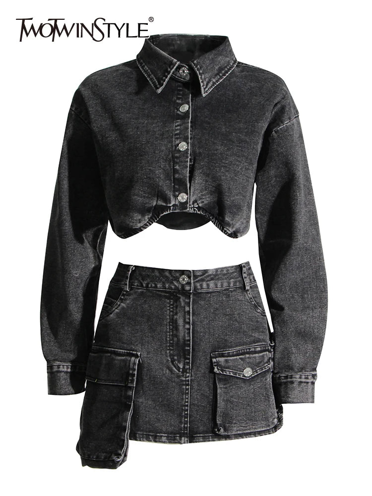 Black Two Piece Sets For Women Lapel Long Sleeve Short Top High Waist Patchwork Pocket Mini Skirt Denim Set Female