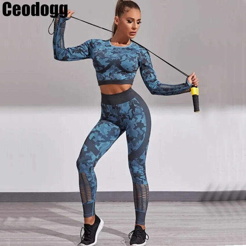 1PCS Camouflage Set Women Yoga Suit Sport Set Gym Workout Clothes Long Sleeve Fitness Crop Top High Waist Seamless Camo Leggings