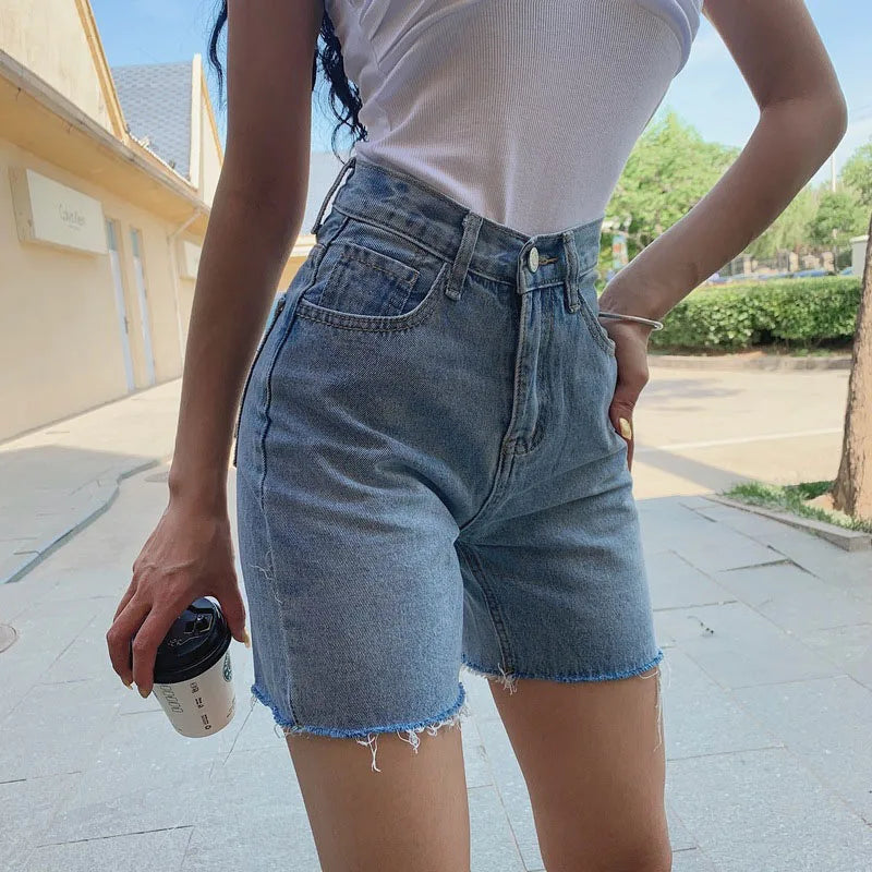 Women High Waist Wide Leg Denim Shorts Tassel Summer Fashion Streetwear Casual Solid Color Female Loose Stright Jeans