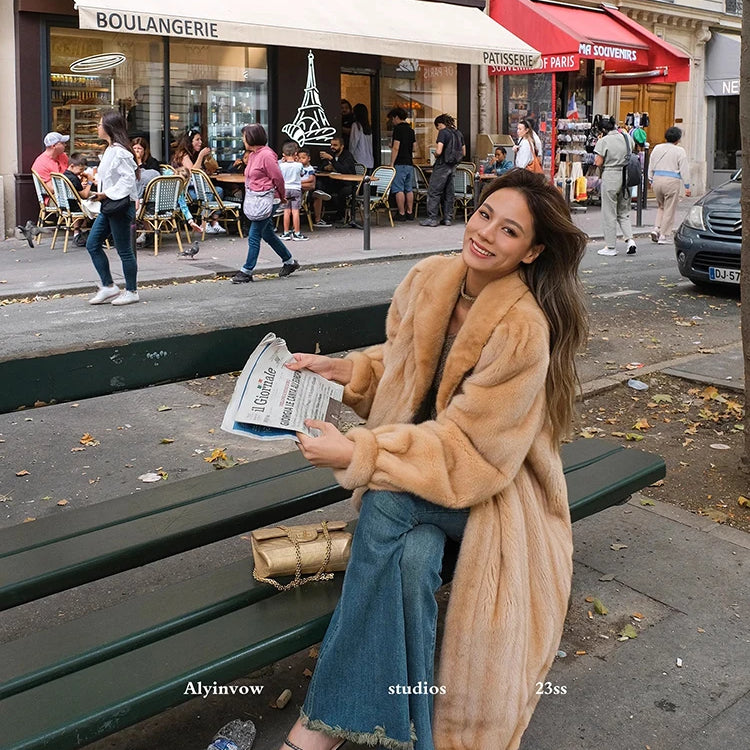 Lautaro Autumn Winter Luxury Soft Thick Warm Faux Mink Fur Coat Women Shawl Collar Elegant Retro Chic Fluffy Furry Overcoat 2025