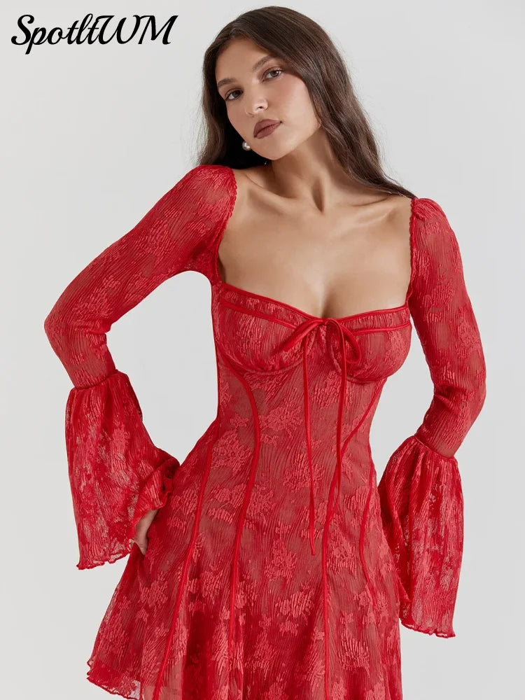 Vintage High Waist Lace A Line Mini Dress Women Elegant Spliced Flare Sleeve V Short Dresses Fashion Valentine's Day Party Robes