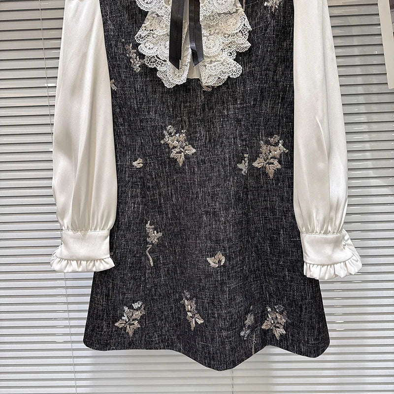 Winter New Fashion Bow Beaded Embroidered Shirt Patchwork Fake Two-Piece Dress For Women Elegant Dresses 11A07866