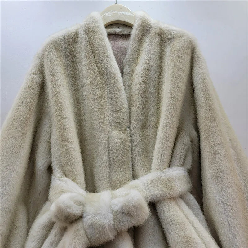 Autumn Winter New Fashion Style Faux Mink Fur Belted Coat For Women High Quality Soft Lace-up Waist Jacket 11A07840