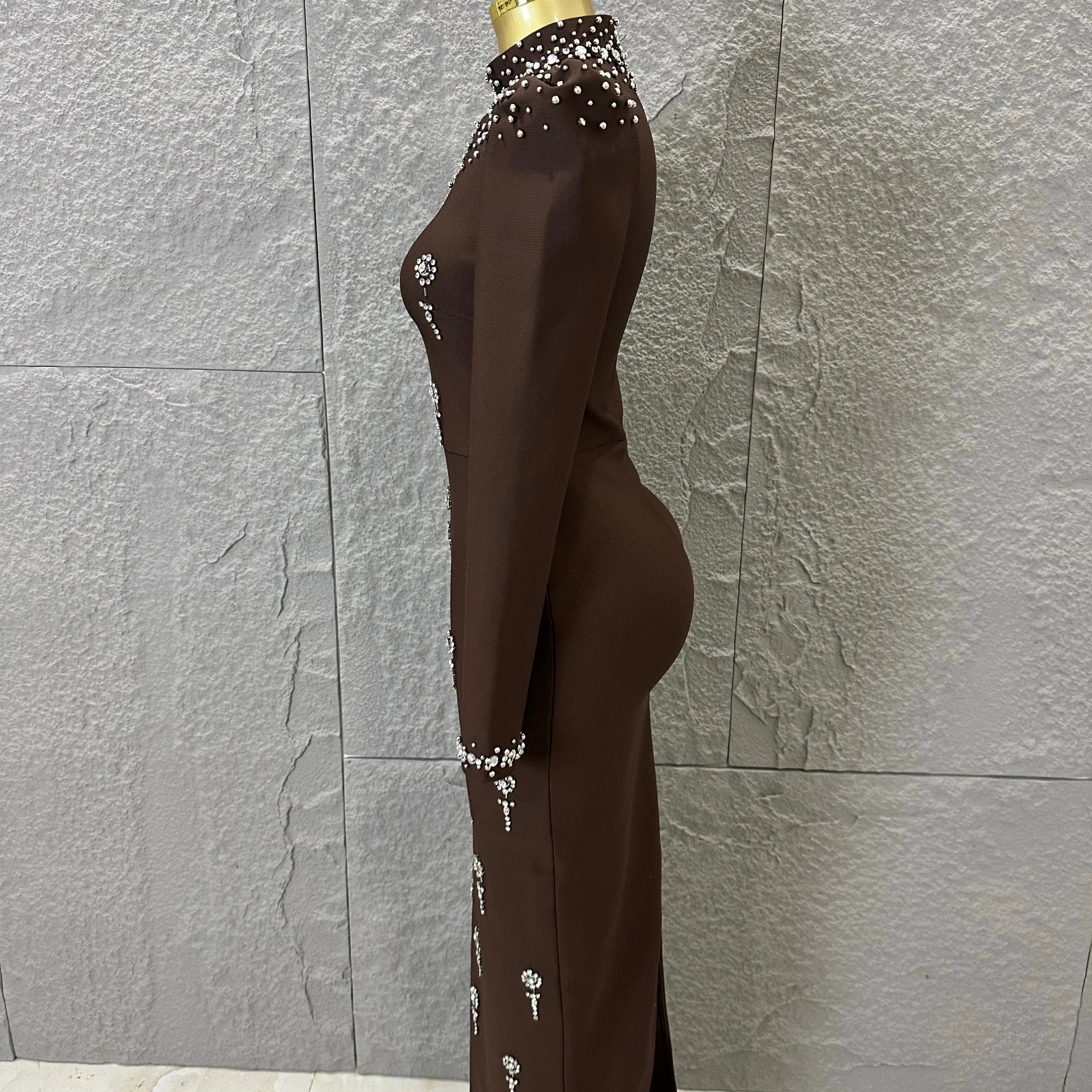 Sophisticated Brown High Neck Maxi Dress Women Sexy Long Sleeve Crystal Pearl Embellished Bodycon Outfit Cocktail Party Costume