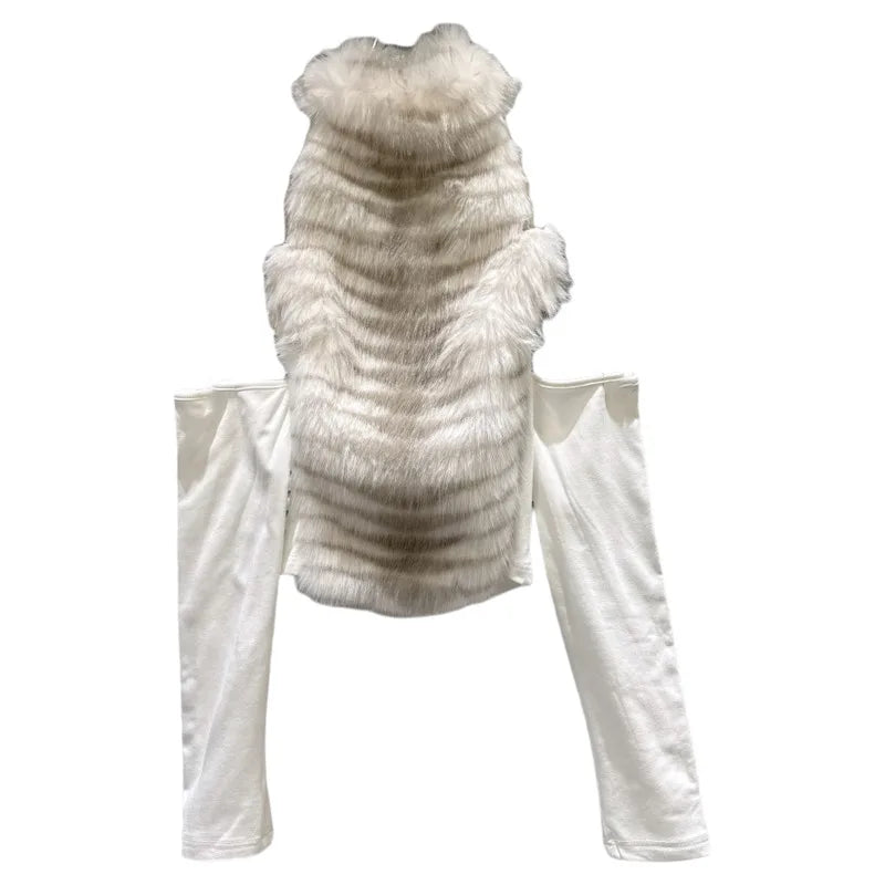 Winter New Fashion Gradient Furry Patchwork Off-Shoulder T-Shirt For Women Versatile Slim Fit Tops Female 11A07698