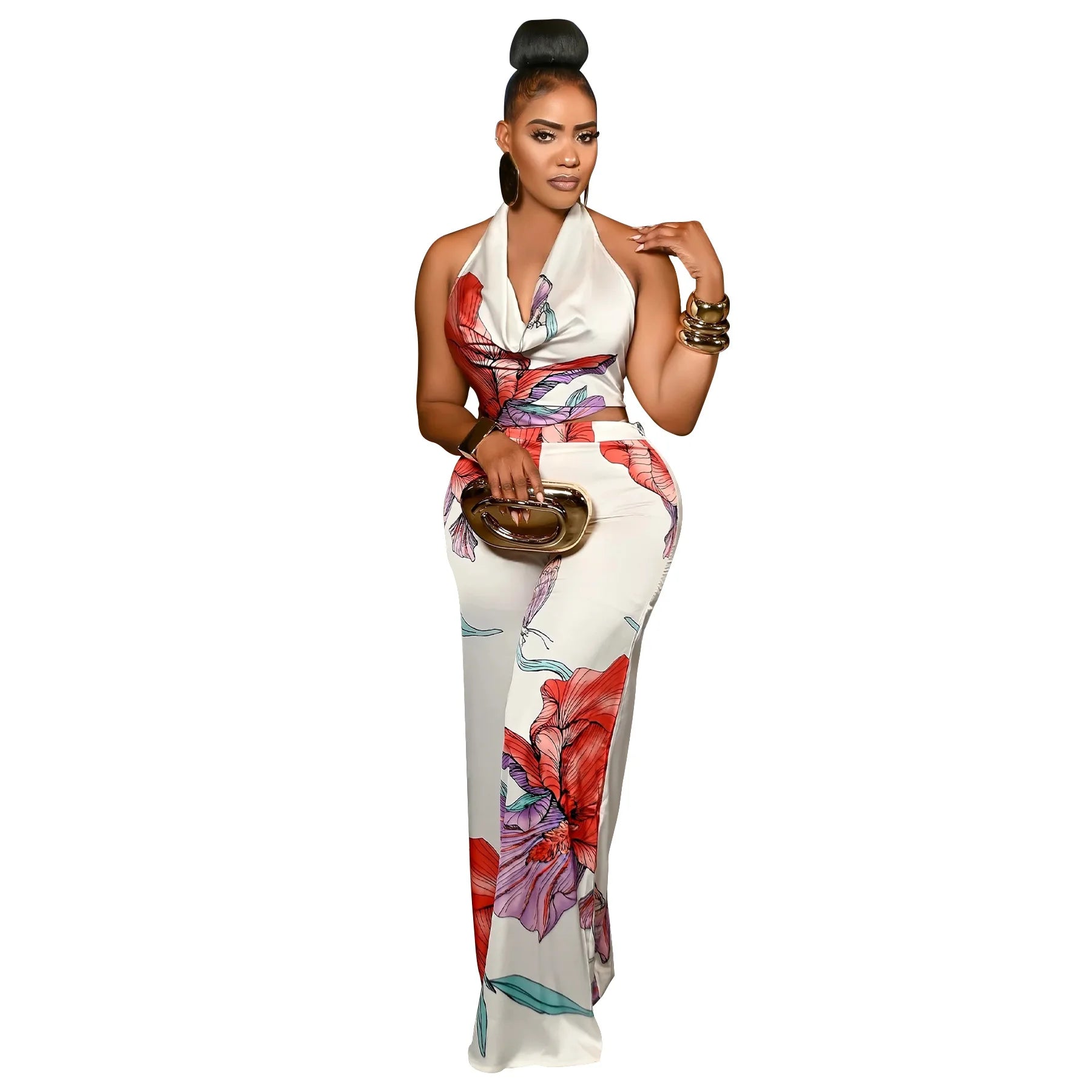 Women's Set Pile Collar Elegant Floral Print Top and Wide Leg Pants Suit 2025 Summer Two 2 Piece Sets Outfit Tracksuit White