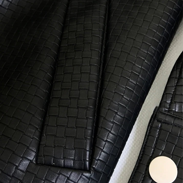 Lautaro-Women's Black Leather Shirt Jacket, Long Sleeve, Belt Pockets, Single Breasted, Loose, Casual, Luxury, Korean Fashion