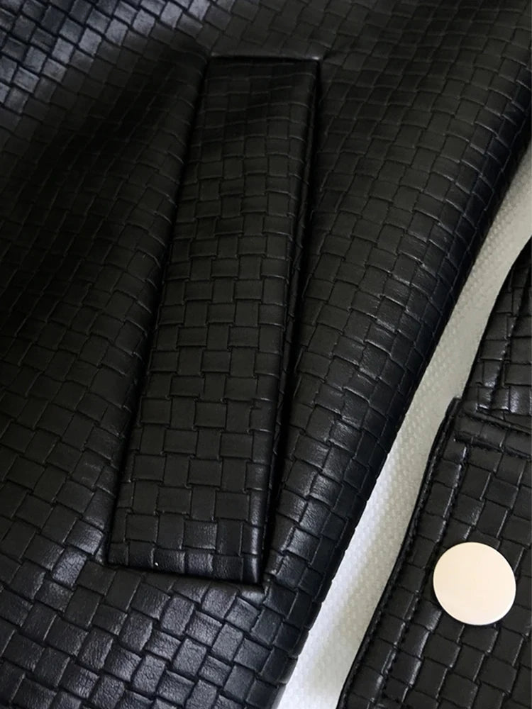 Lautaro-Women's Black Leather Shirt Jacket, Long Sleeve, Belt Pockets, Single Breasted, Loose, Casual, Luxury, Korean Fashion