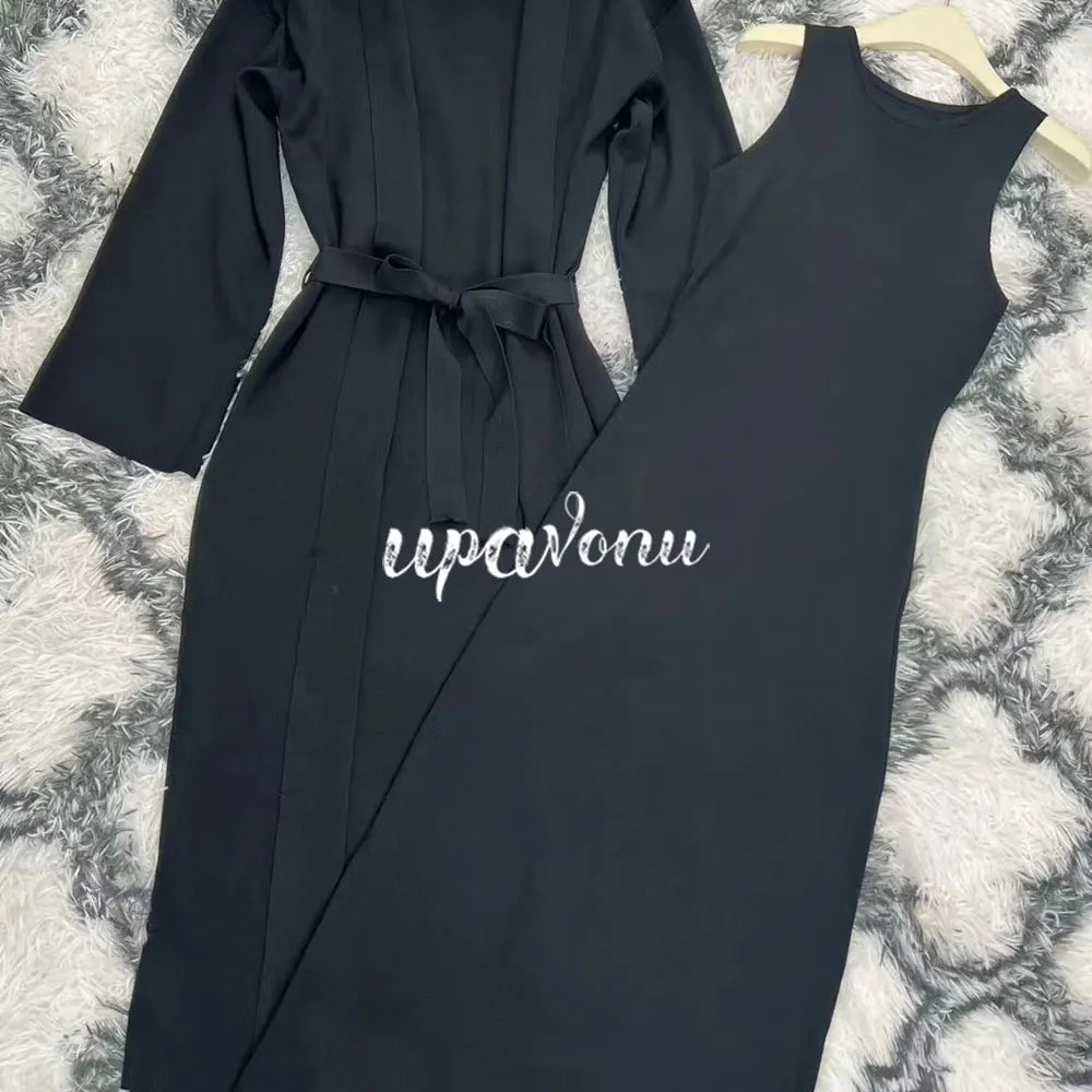 Women's Knitted Long Dress Sets with Polo Collar Long Sleeves Waistband Tie up Cardigan Long Coat+Sleeveless Dress Two Piece Set black