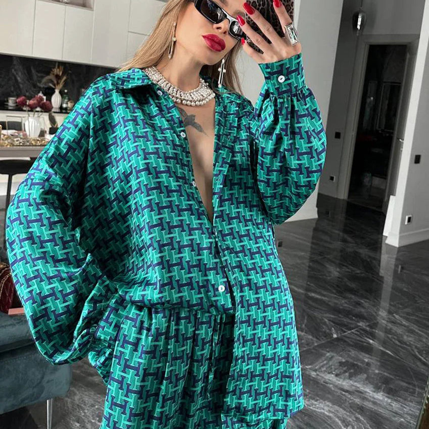 Clacive Fashion Loose Print 2 Piece Sets Women Outfit Elegant Long Sleeve Shirt With High Waist Wide Pants Set Streetwear