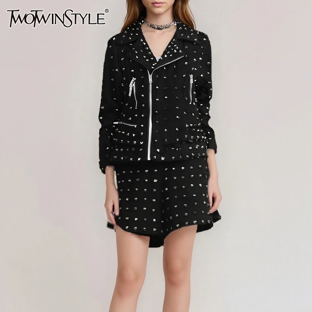 Solid Spliced Zippers Casual Jackets for Women Lapel Lomg Sleeves Patchwork Rivets Luxurious Jacket Femlae Fashion