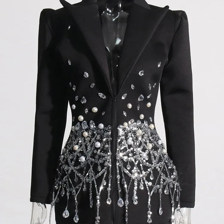 Patchwork Sequins Temperament Dress For Women Lapel Long Sleeve High Waist Spliced Pearls Mini Dresses Female New Black