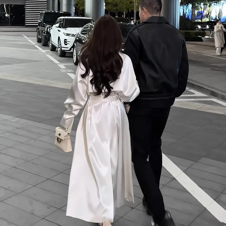 Lautaro Spring Autumn Long Flowy Shiny White Trench Coat for Women Double Breasted Elegant Stylish Luxury Design Clothes 2025
