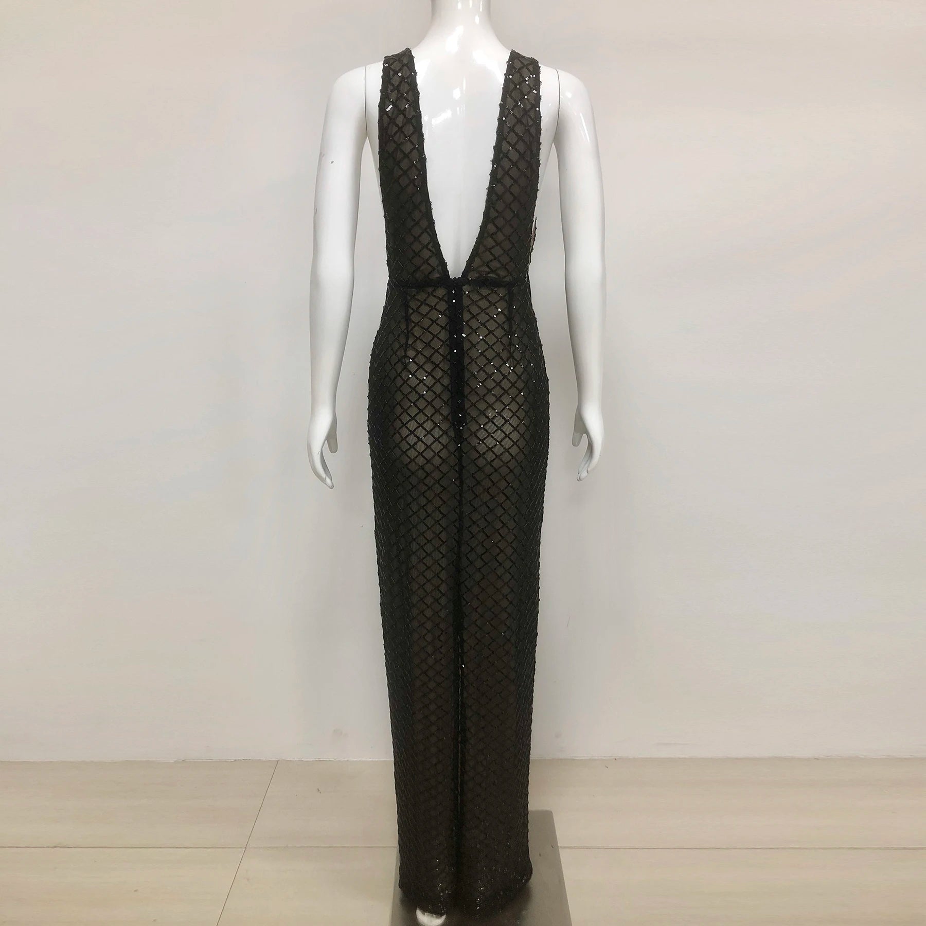 Black Bows Shining Sequin Sexy V-Neck Sleeveless Mesh See Through Long Dress Fashion Woman Evening Dress Celebrity Party Outfit