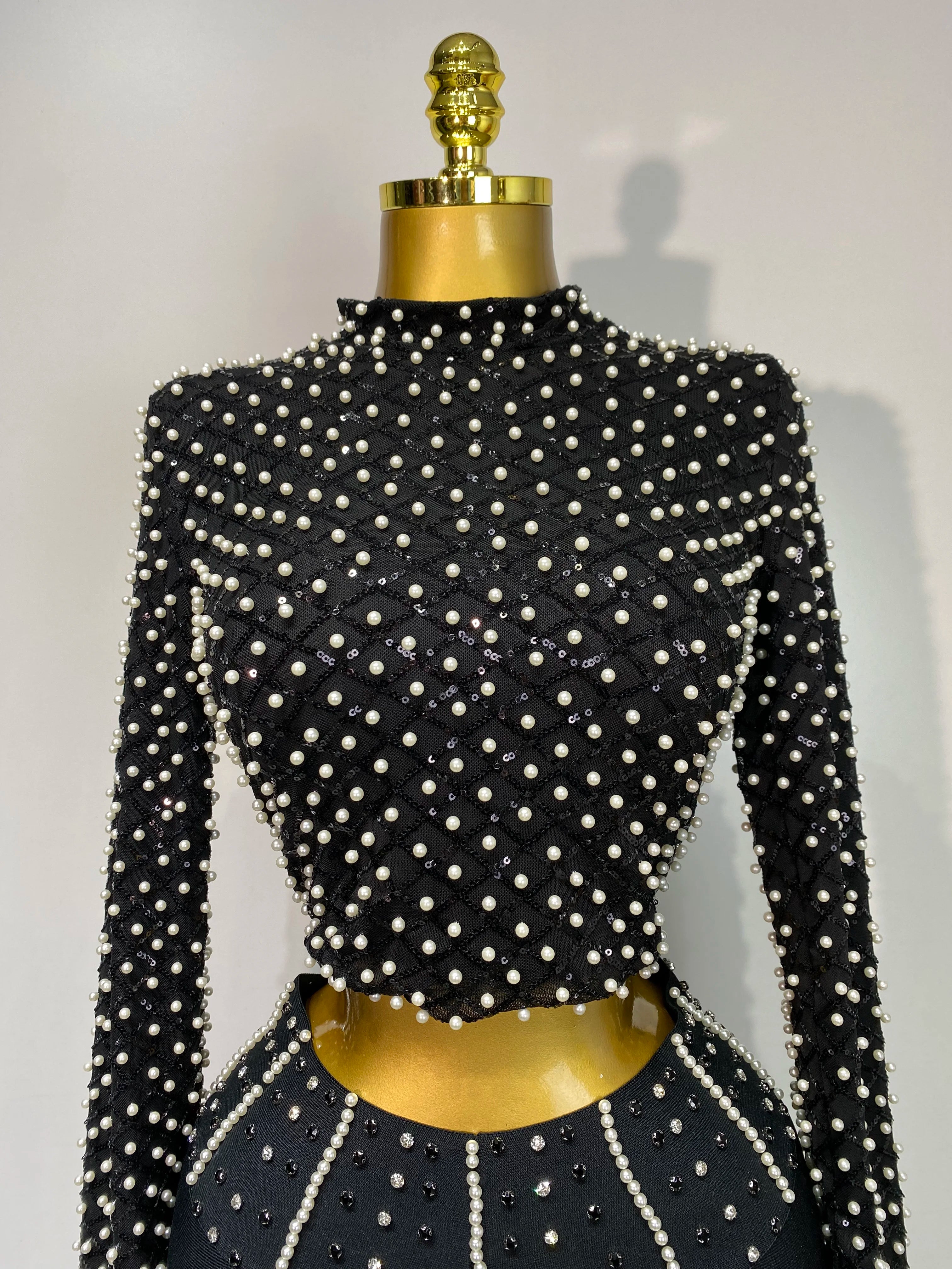 Women Long Sleeve Black Mesh Studded Dianonds Crystal Pearl Two Pieces Bandage Set Celebrity Sexy Evening Party Birthday Gown