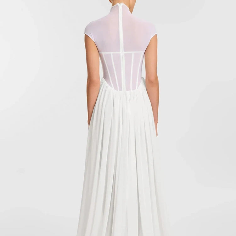 Romantic Ethereal High-Neck Bridal-Inspired Sheer White Maxi Dress for Wedding Party Evening Gown