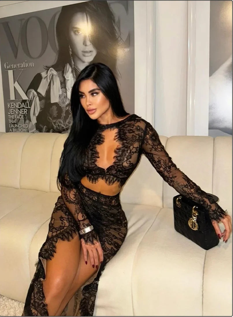 Black Color New Fashion Women Long Sleeve Sexy Lace Keyhole Bodycon Long Dress Fashion Nightclub Party Celebrate Outfit