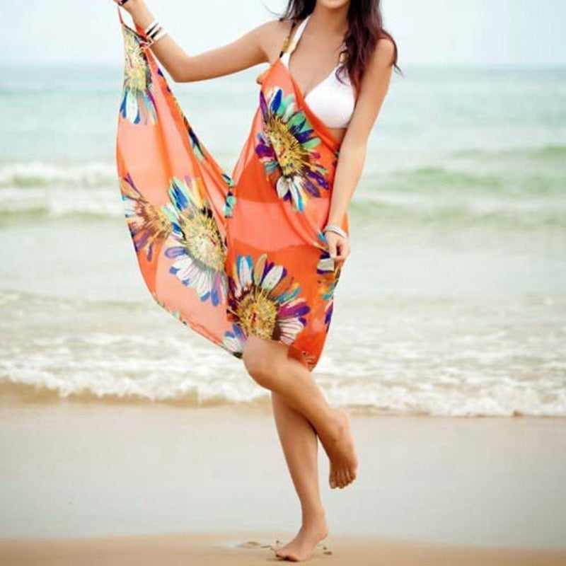 Printed Cover-ups Sexy Beach Dress Halter Sling Chiffon Beach Towel Bikini Wrap Pareo Skirts Open-Back Swimwear Orange One Size