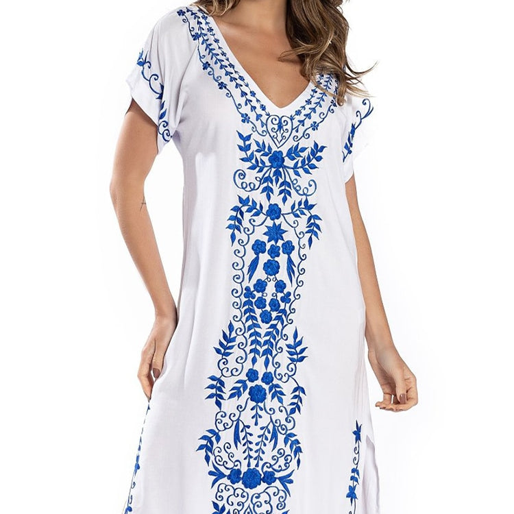 Robe De Plage Embroidery Beach Cover Up Sarong Women Beach Pareo Tunic For Beach Swimwear White One Size