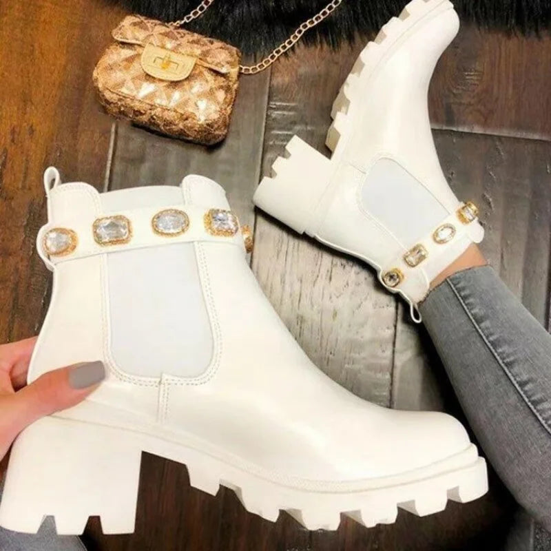 Women Ankle Boots Crystal Rhinestone Slip On Platform PU Leather Women's Booties Spring Autumn Females Footwear