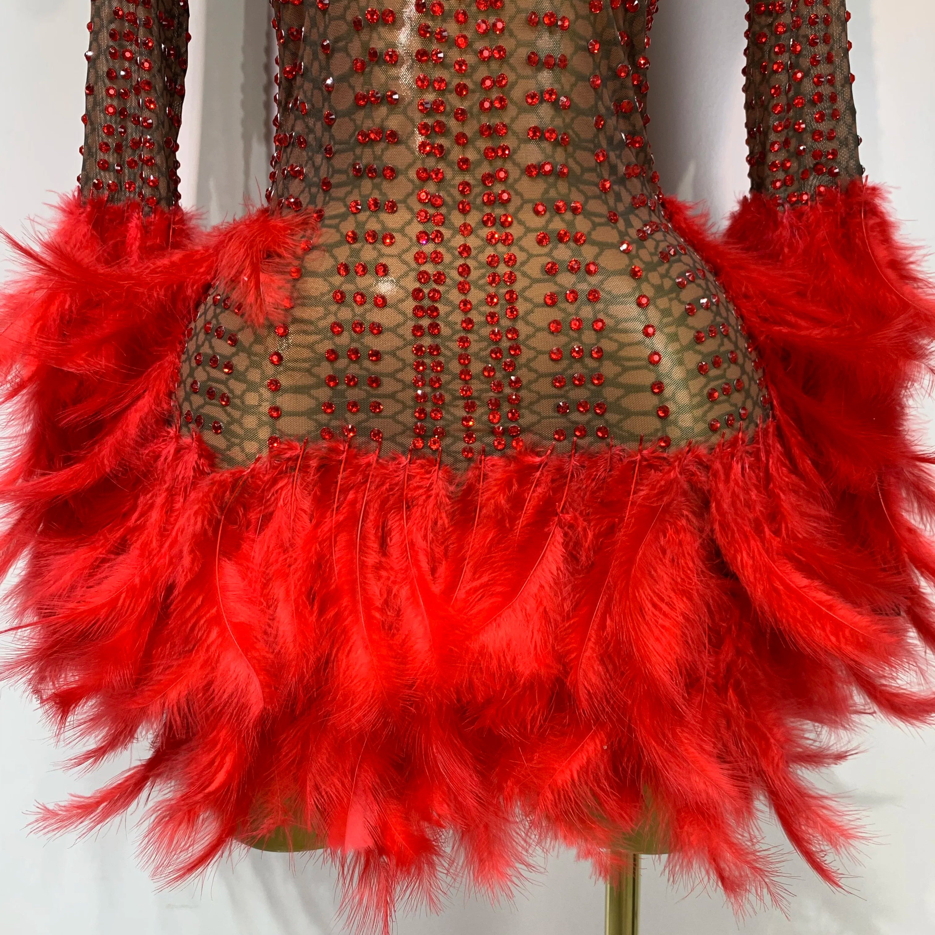 Women Luxury Birthday Dress Rhinestones Mesh Feathers Bodycon Mini Celebrity Evening Club Party Dress Nightclub Stage Outfit