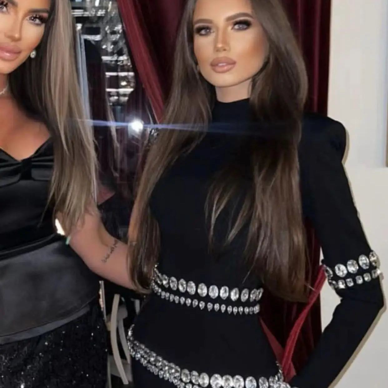 STOCK New Winter Sparkling Diamonds Half High Collar Black Mini Bandage Dress Fashion Woman Evening Party Outfit