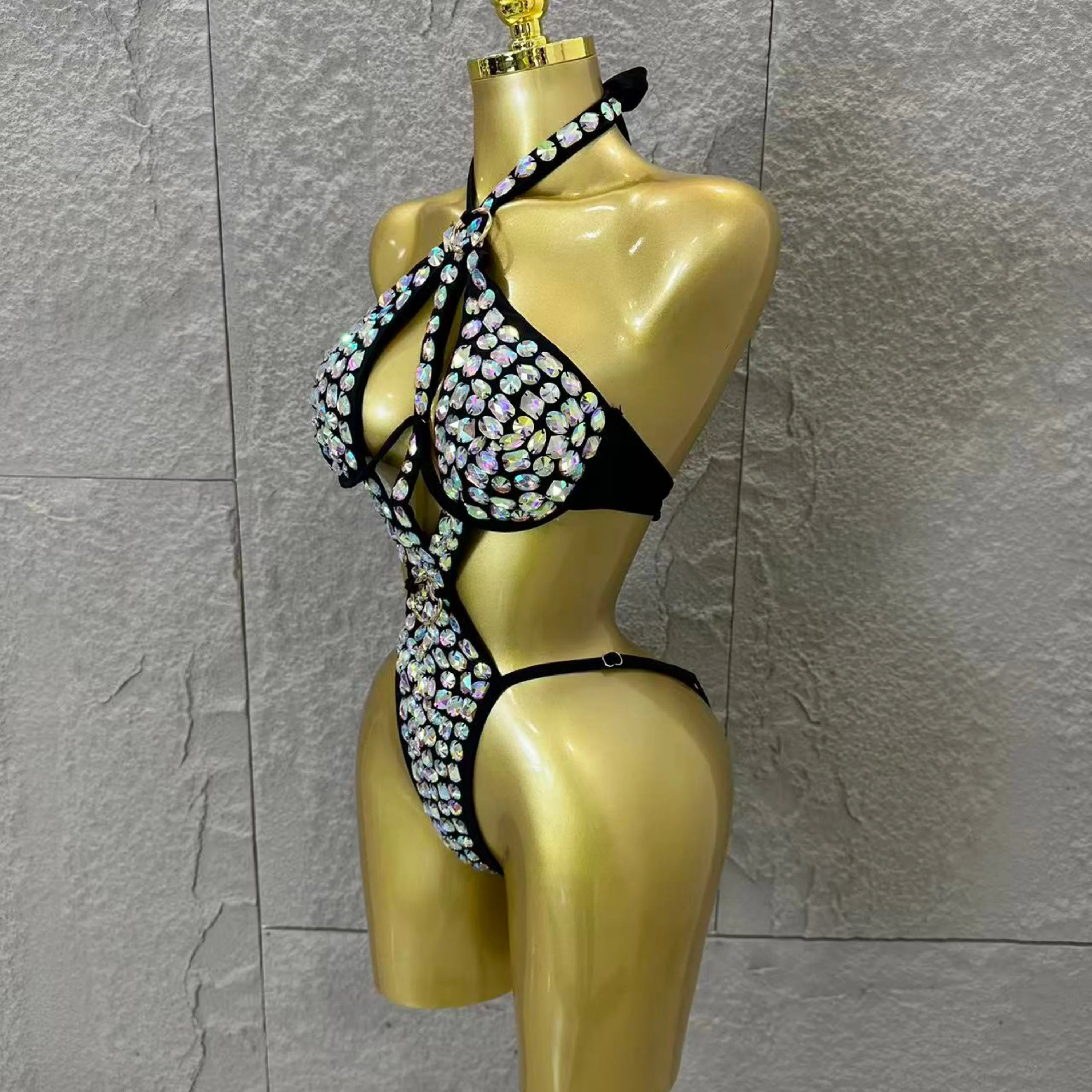 Gold Luxurious Black Bodysuit Women Sexy Halter Neck Iridescent Crystal Embellished Cutout Outfit Stage Performance Costume