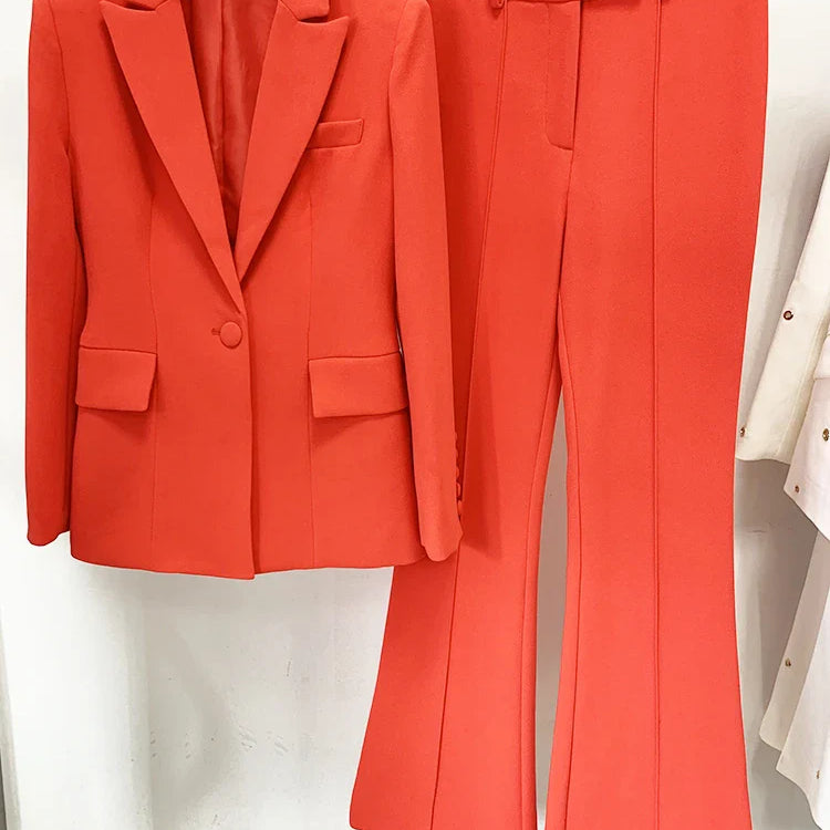 HIGH STREET Newest Spring Designer Career Fashion Suit Set Women's Single Button Slim Fit Blazer Flare Pants Suit Two Pcs