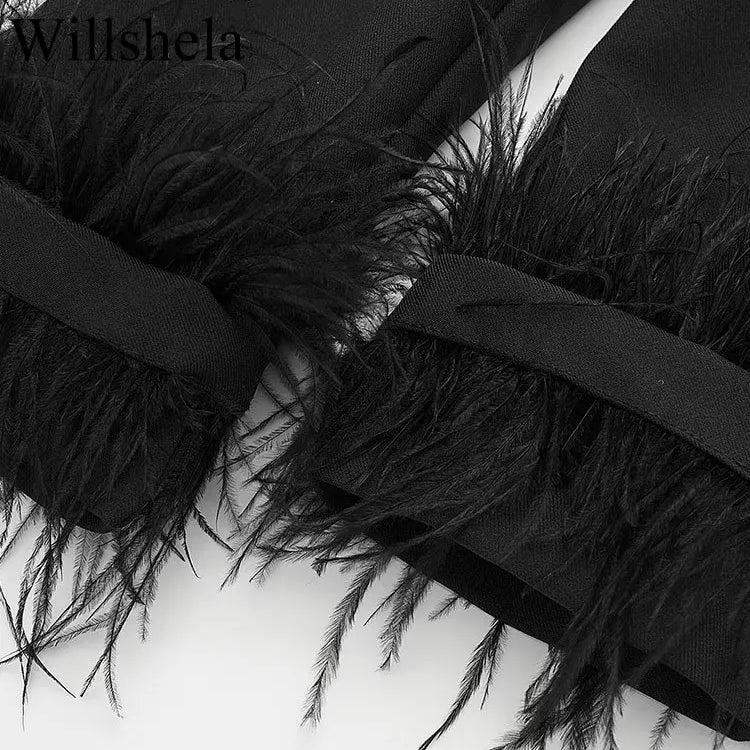 Willshela Women Fashion Satin Black With Feather Blazer Jacket Vintage Notched Neck Single Button Long Sleeves Female Outfits