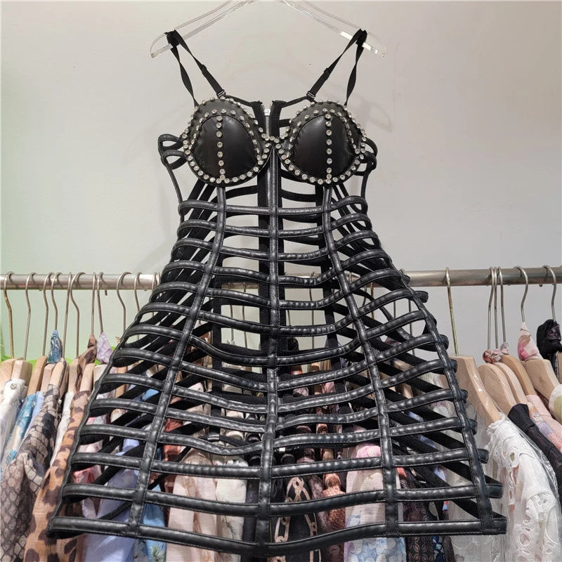 New Style Fashion Hollow Out Leather Dress For Women Heavy Industry Strapless Slim Fit Short Dresses Female 11A07880 Black