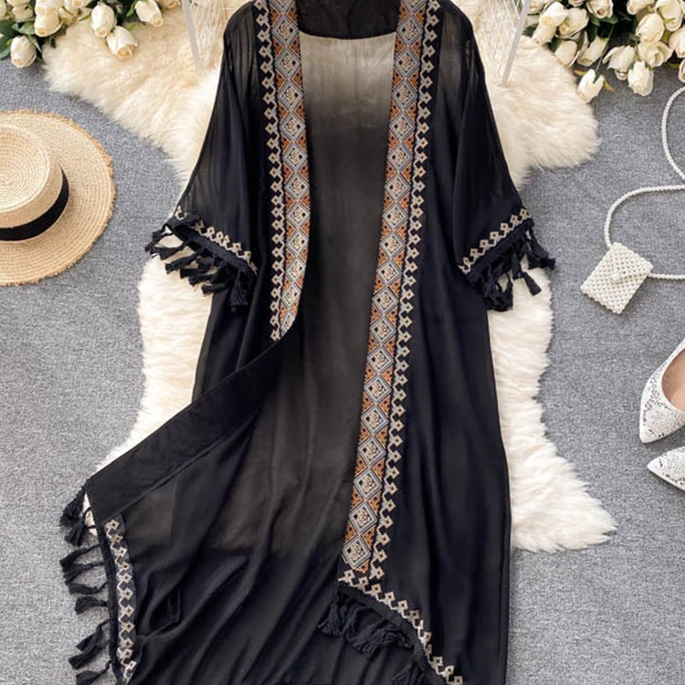Summer Pareo Beach Kimono Bohemian Cover Up Long Fashion Embroidery Poncho Cardigan Tassel Chiffon Shirt Black One Size