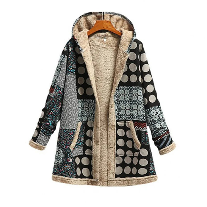 Print Casual Women Coat Vintage Hooded Overcoat Female Fashion Warm Long Sleeve Coats Ladies Plush Jacket Autumn Winter Plaid Black