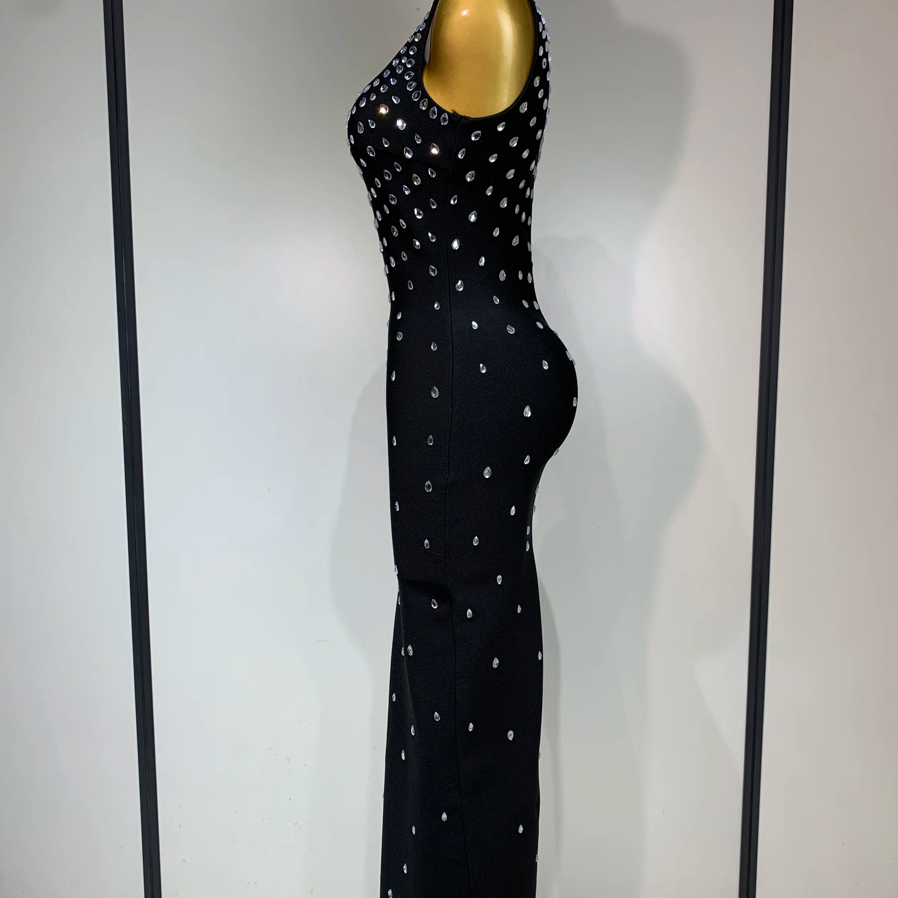 Luxury Rhinestone Bandage Long Dress Elastic Sleeveless Bodycon High Street Evening Club Party Elegant Birthday Prom Gowns