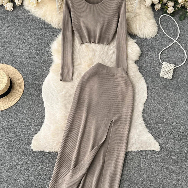 SINGREINY Autumn Sweater Two Pieces Suits Long Sleeves Knit Top+ Elatic Waist Slim Split Long Skirt Sets Women Warm Knitted Suit grey khaki One Size