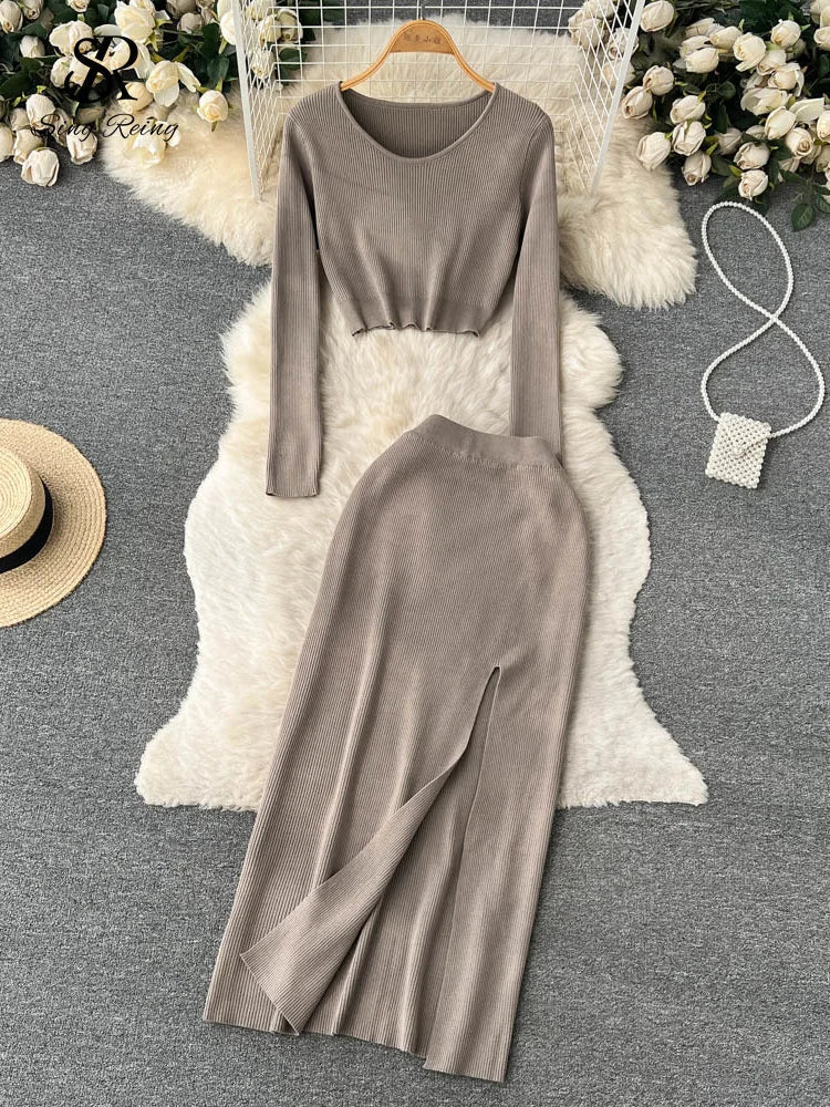 SINGREINY Autumn Sweater Two Pieces Suits Long Sleeves Knit Top+ Elatic Waist Slim Split Long Skirt Sets Women Warm Knitted Suit grey khaki One Size