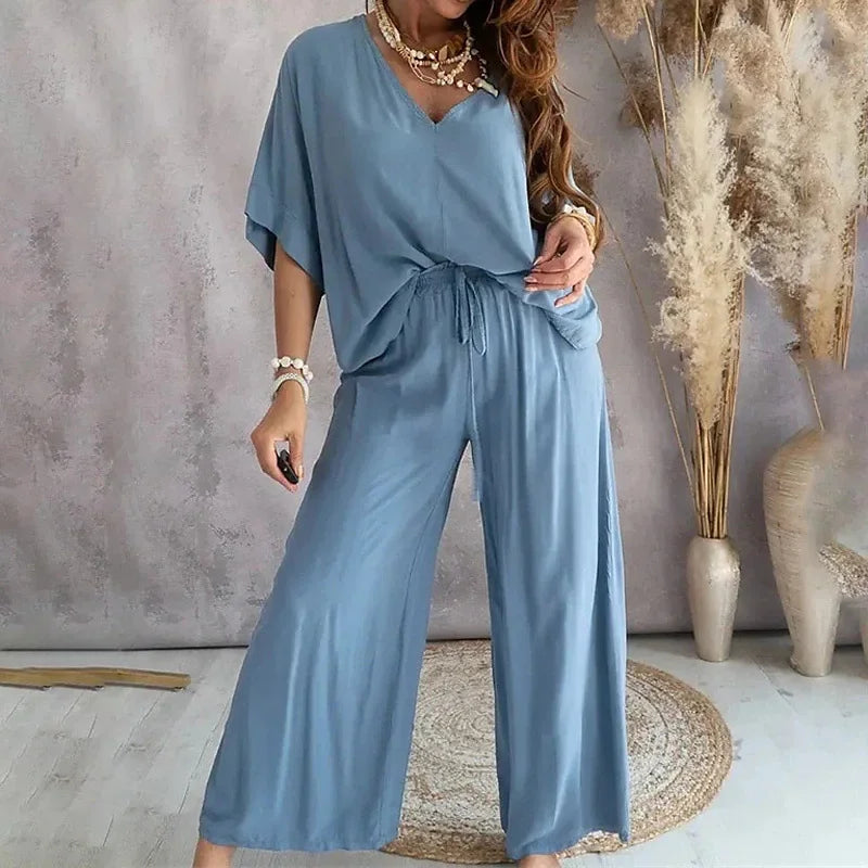 2024 Summer Fashion New Women's Elegant Loose High Waist Plus Size Set Off Back Elastic Waist Retro Women's Two Piece Set Blue