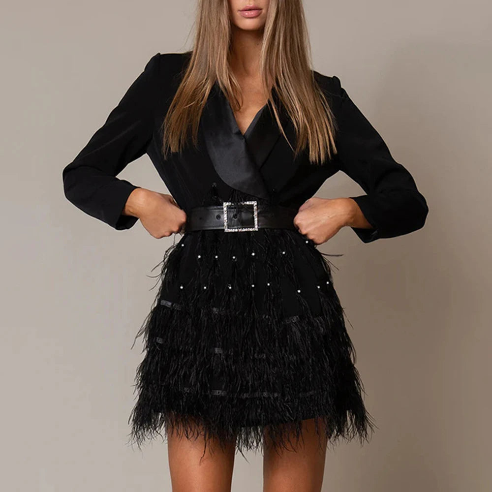 Solid Spliced Bead Fashion Mini Dresses for Women Lapel Long Sleeves Patchwork Button Elegant Dress Female Clothing