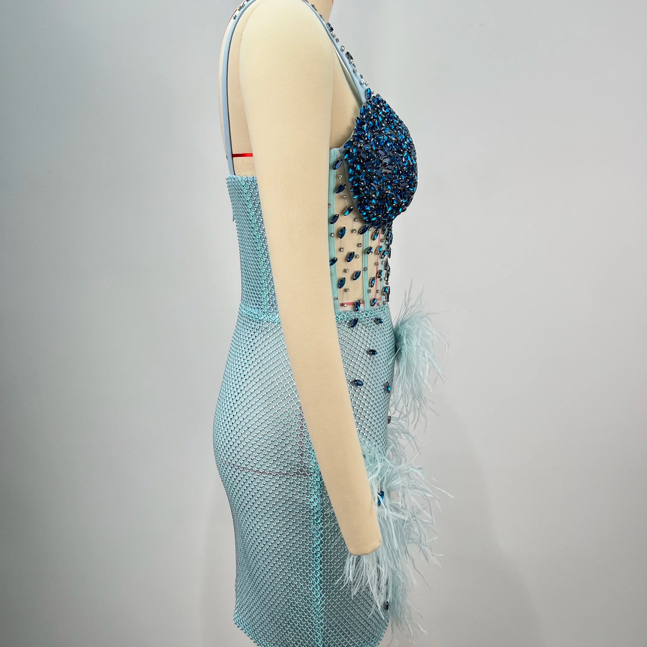 Luxury Feather Dazzling Diamonds Sexy Mesh See Through Light Blue Mini Dress Celebrity Birthday Party Dress Performance Costume