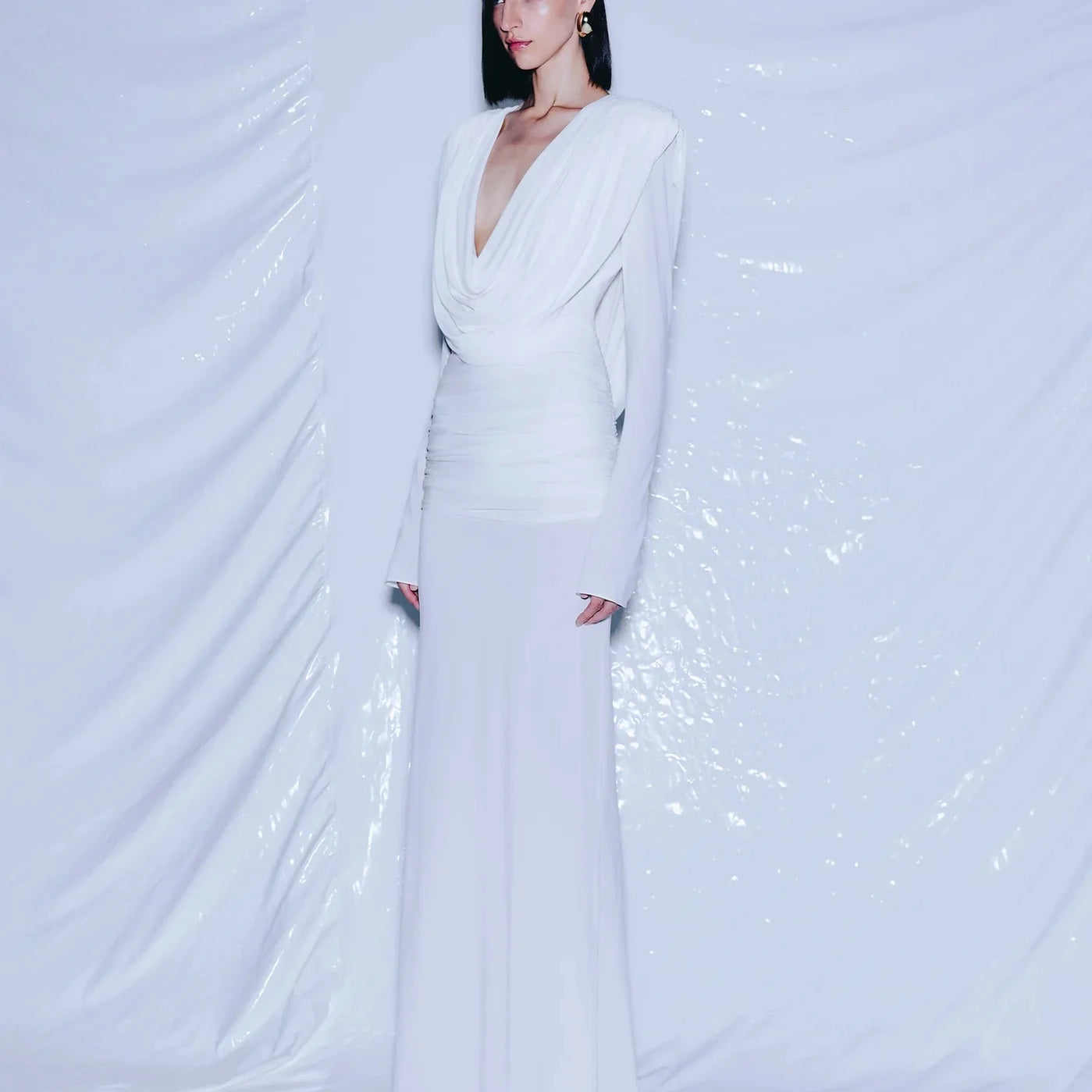 Women Celebrity Sexy Long Sleeve Deep V Neck Ruched White Maxi Long Gowns Dress 2025 Elegant Evening Party Club Vestido