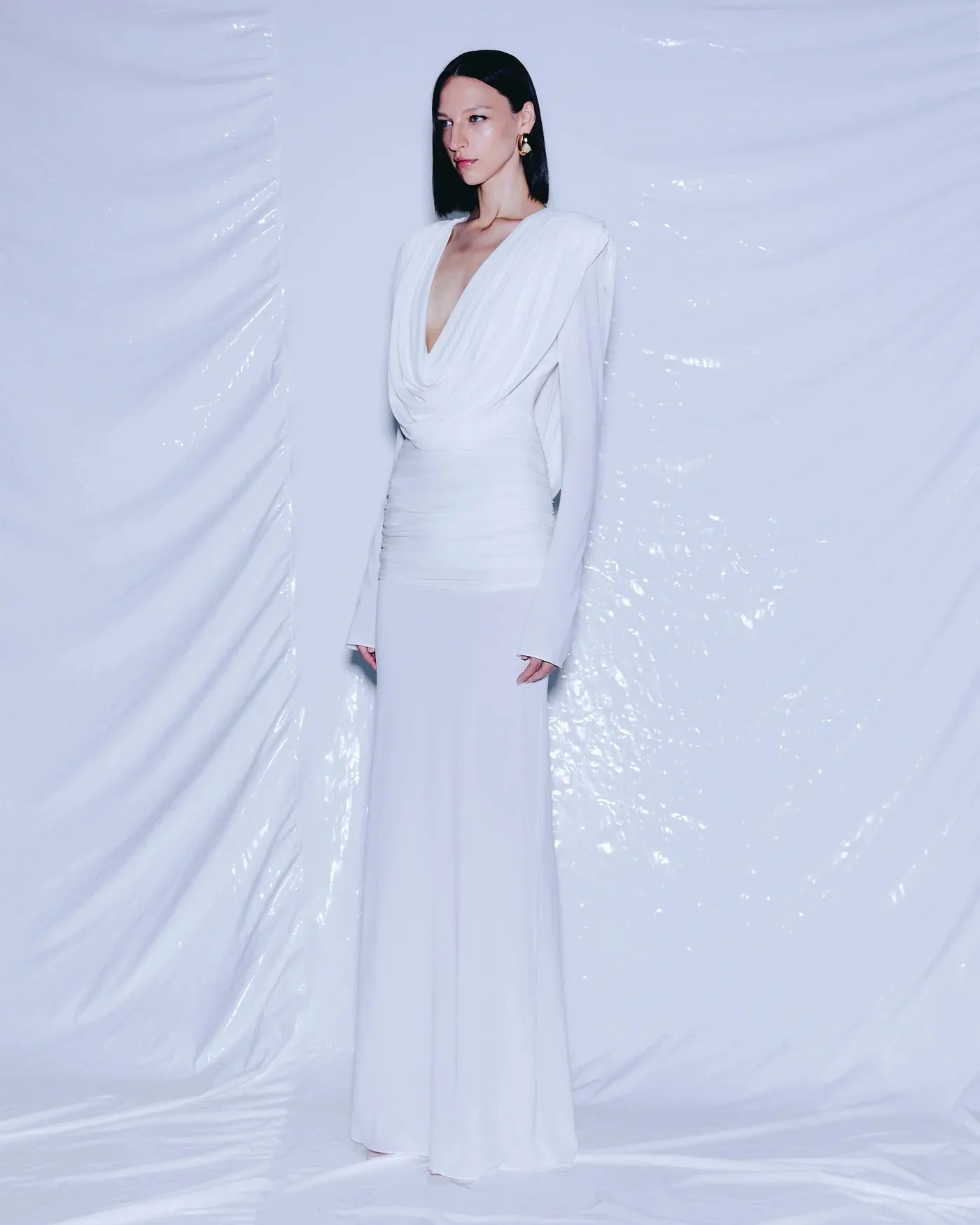 Women Celebrity Sexy Long Sleeve Deep V Neck Ruched White Maxi Long Gowns Dress 2025 Elegant Evening Party Club Vestido