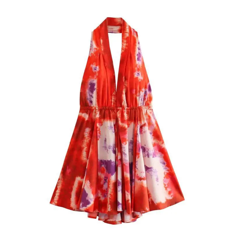 Floral Printed Beach Dress Women Mini Sexy Deep V-neck Backless Halter Female Dresses Summer Vacation Sleeveless Short Robe 01 red
