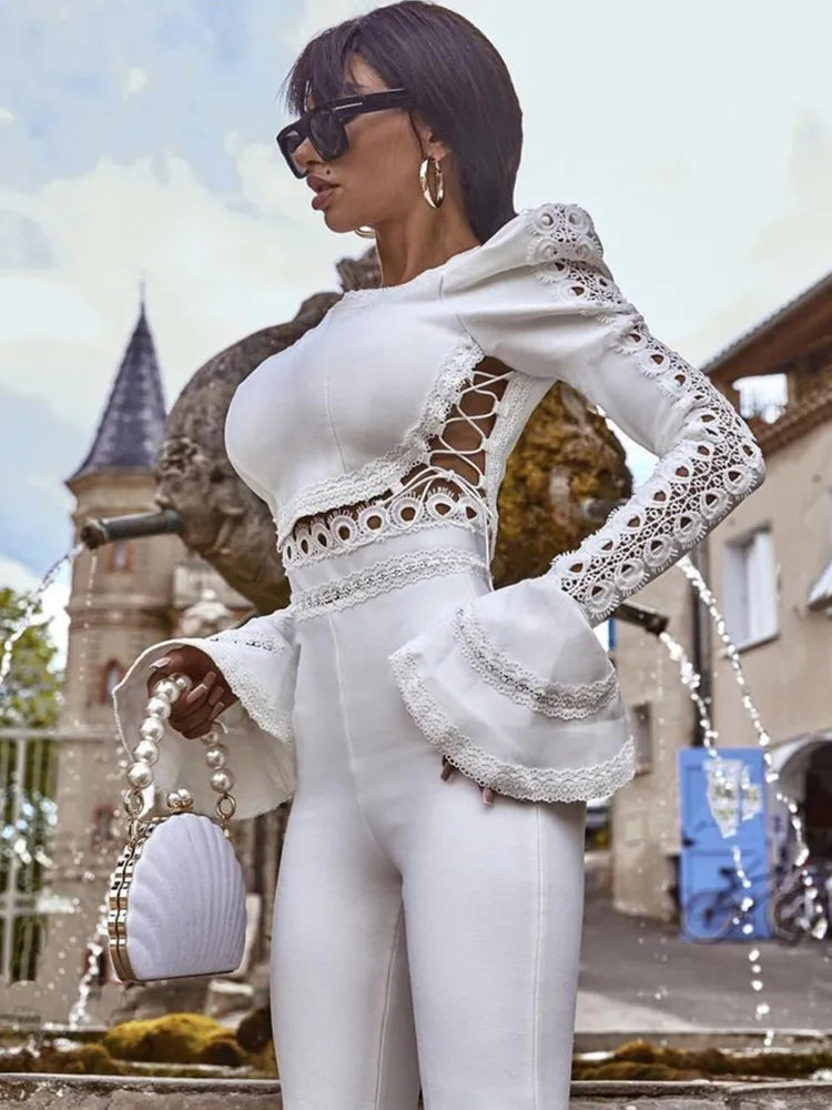 Women Winter Style Sexy Long Sleeve Flare Black White Two Pieces Bandage Set 2022 Celebrity Designer Fashion Party Women's Set