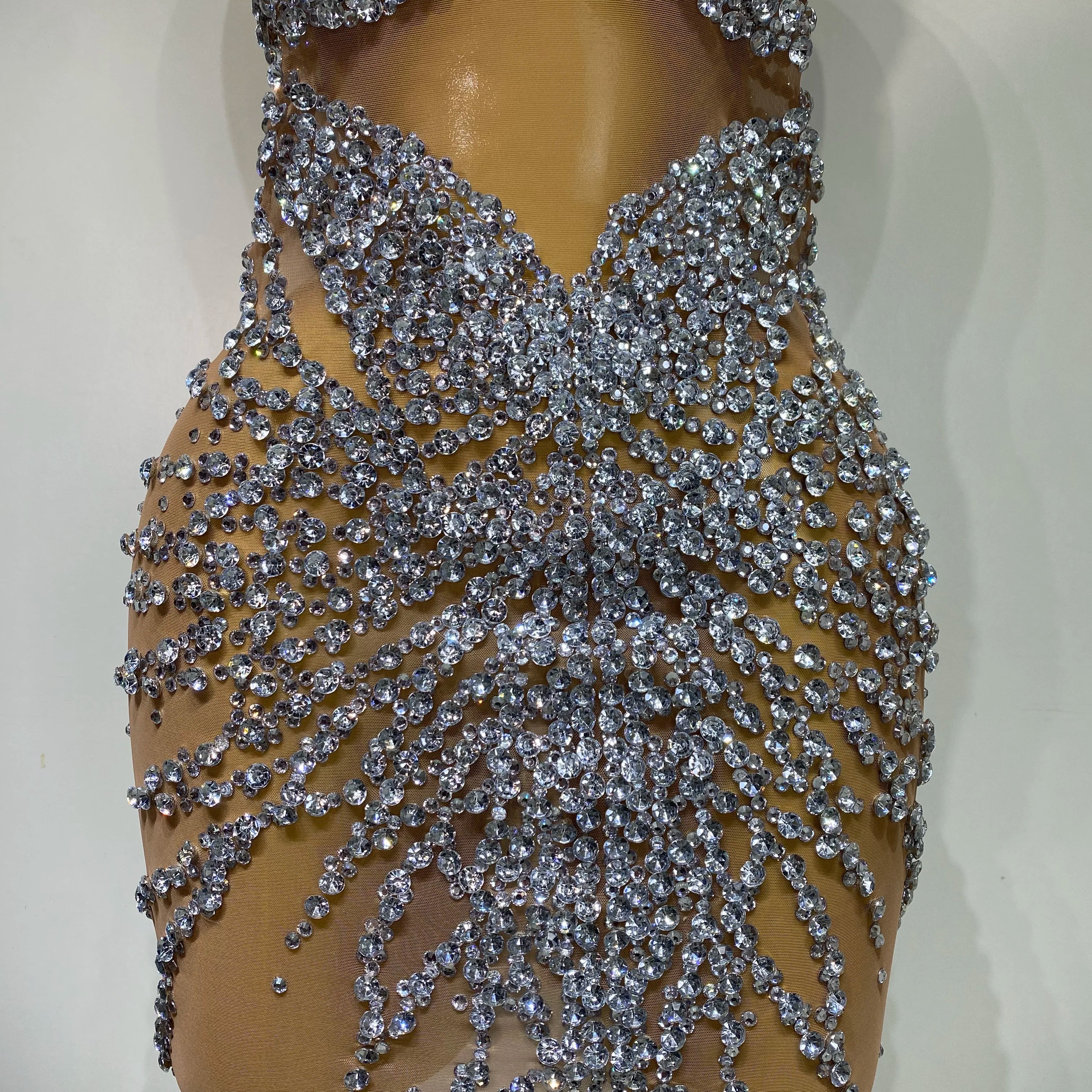 Luxury Rhinestones Mesh Transparent Prom Mini Dress Shinny Women Birthday Celebrate Party Prom Nightclub Outfit Stage Costume